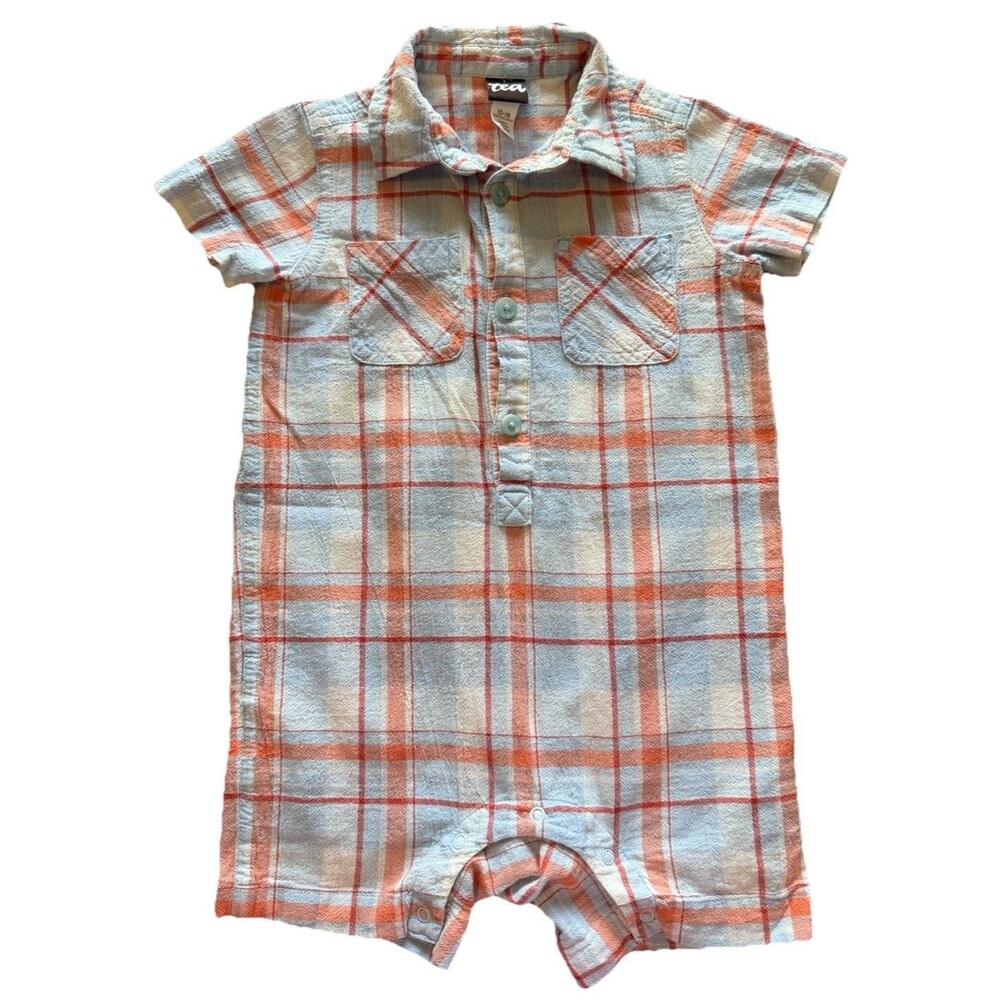 Tea Collection Boys Blue Orange Plaid Collared Shirt One Piece Romper 12-18 Mo